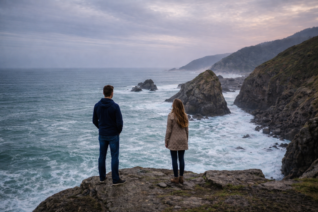 Zwei Personen blicken von einer Felsklippe aufs Meer